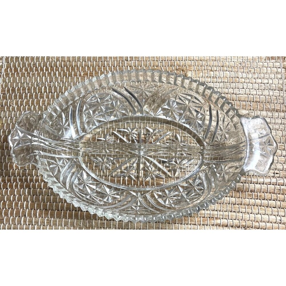 Vintage Anchor Hocking Cut Glass Divided Relish Dish 10.25" X 6.5" With Star Pat
